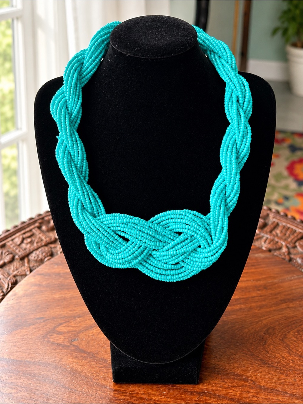 Turquoise Blue Multi Strand Seed Bead Statement Necklace Braided Knot Adjustable
